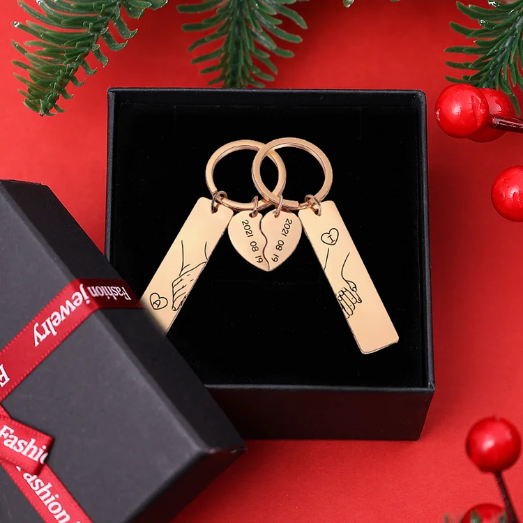 Personalized Hand in Hand Couple Keychain Set With Gift Box, Custom Keychain Engrave Name Matching Couple Gifts, Special Gift For Him-Rose Gold Color