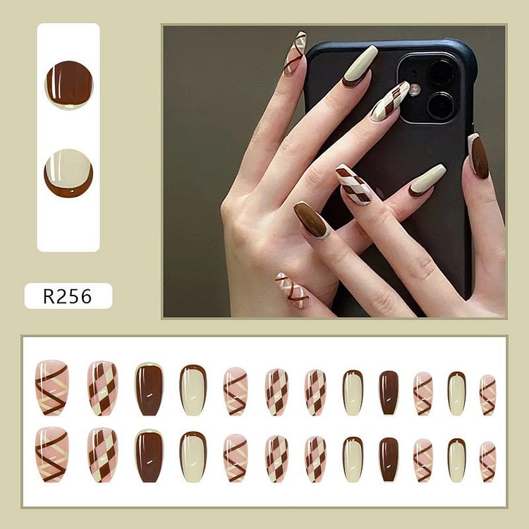 24Pcs/Set French Rhombus Designs False Nail Full Cover Fake Nails with Glue Detachable Wearable DIY Manicure Nail Art Tools