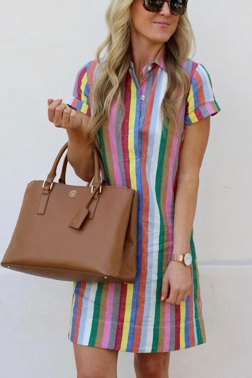 Free Shipping Rainbow Stripes Short Sleeve Tuyet Shirt Dress