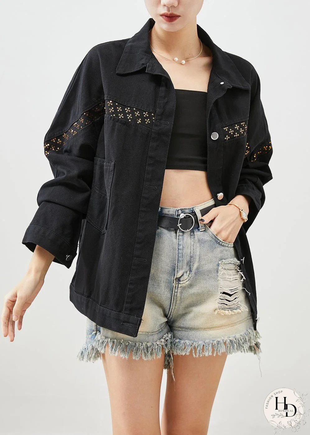 Women Black Sequins Patchwork Denim Coats Fall