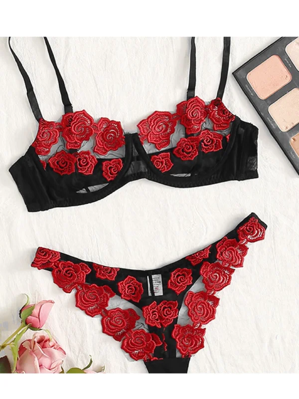 Pearlsvibe Floral Embroidered Mesh Triangle Lingerie Set