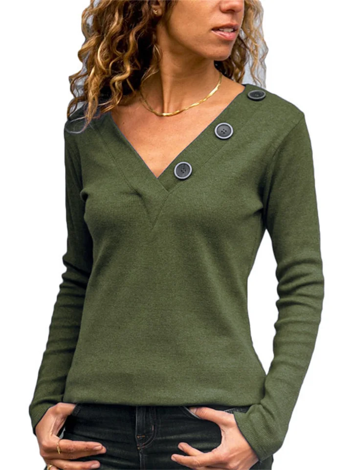 Autumn V-neck Button Decoration Solid Color Casual Long-sleeved Ladies T-shirt-Cosfine