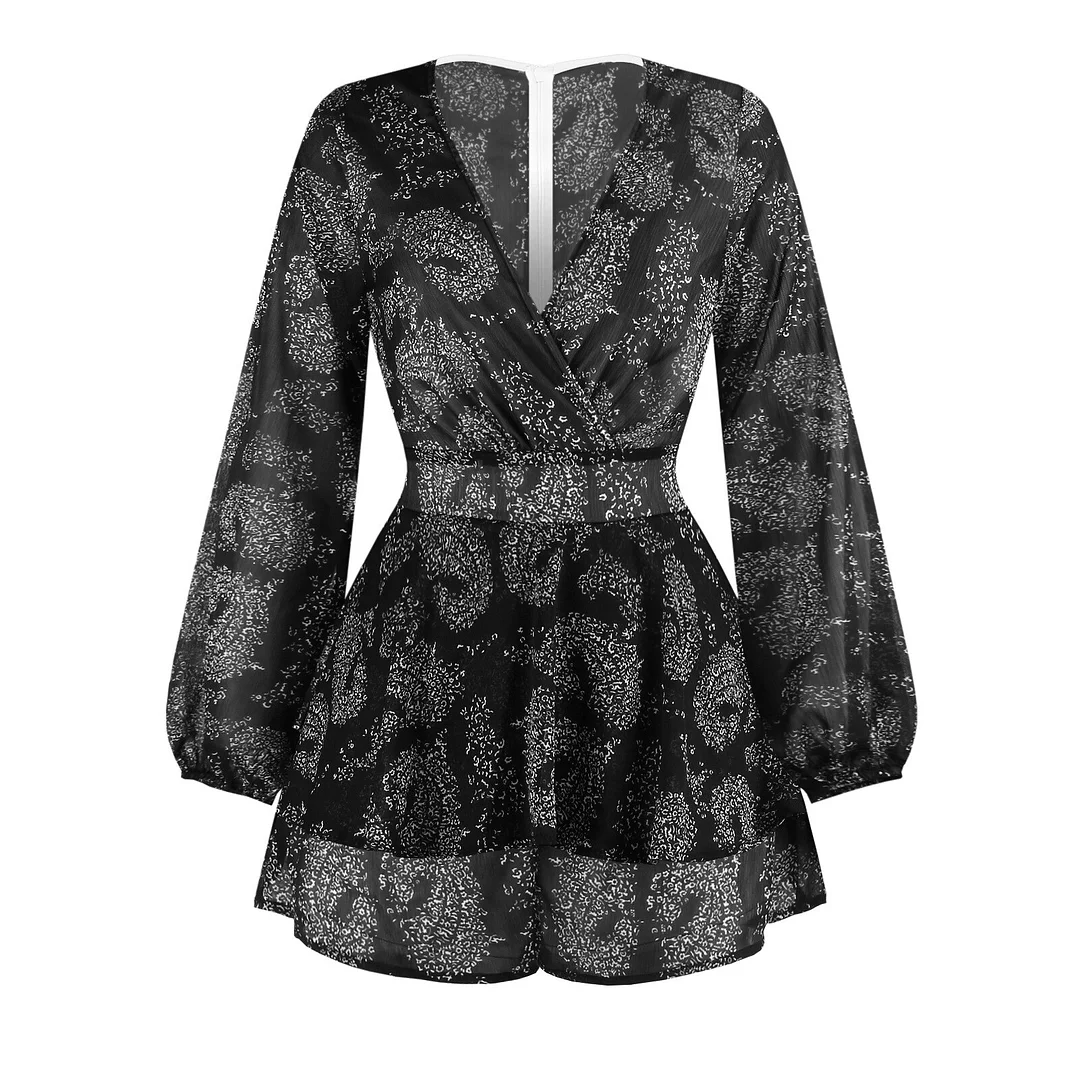 Jangj Women Sexy Floral Ruffle Edge Long Sleeve Rompers Female Printed V Neck Lace Up See Through Fairy Playsuits