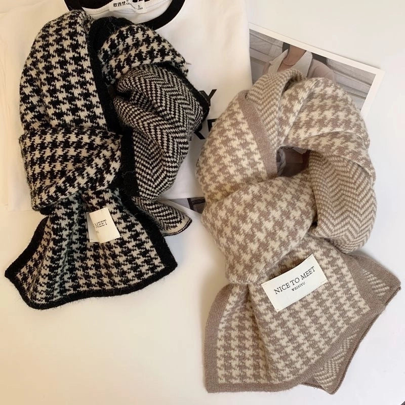 New Korean-style Classic Houndstooth Double-sided Scarf Women's Autumn And Winter Warm Fashion Knitted Scarf Wind-blocking Scarf