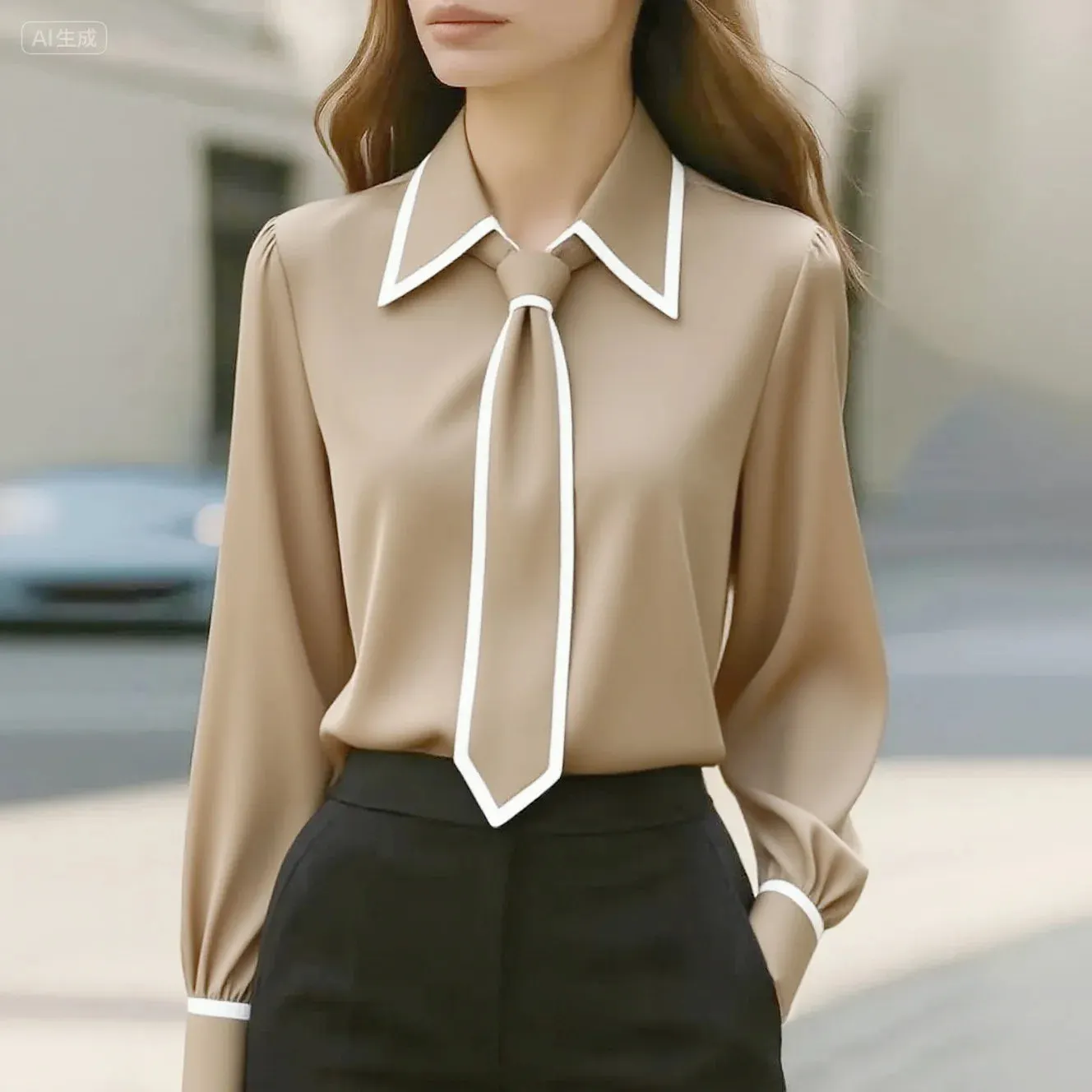 Women's Cotton-Blend Tie Blouse &ndash; Contrast Piping Workwear &ndash; Beige
