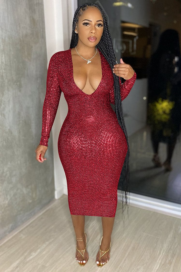 Hot Stamping Glitter V Neck Bodycon Party Midi Dresses