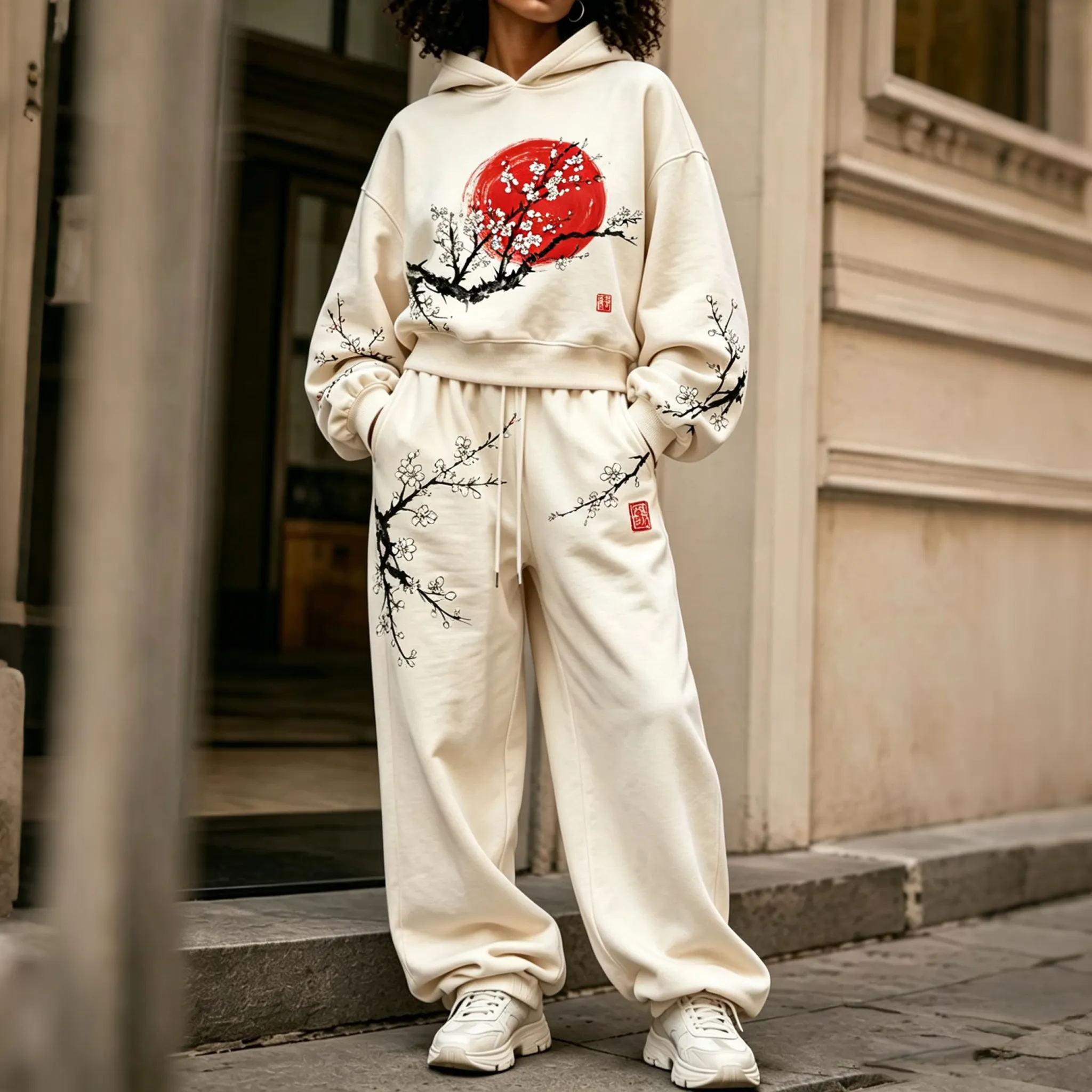 Comstylish Comstylish Women's Japanese Cherry Blossom Art Print Hoodie Two Piece Set