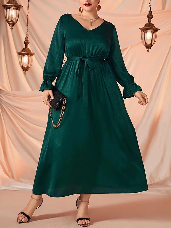 Solid Color Tied Waist Flared Sleeves High Waisted V-Neck Maxi Dresses