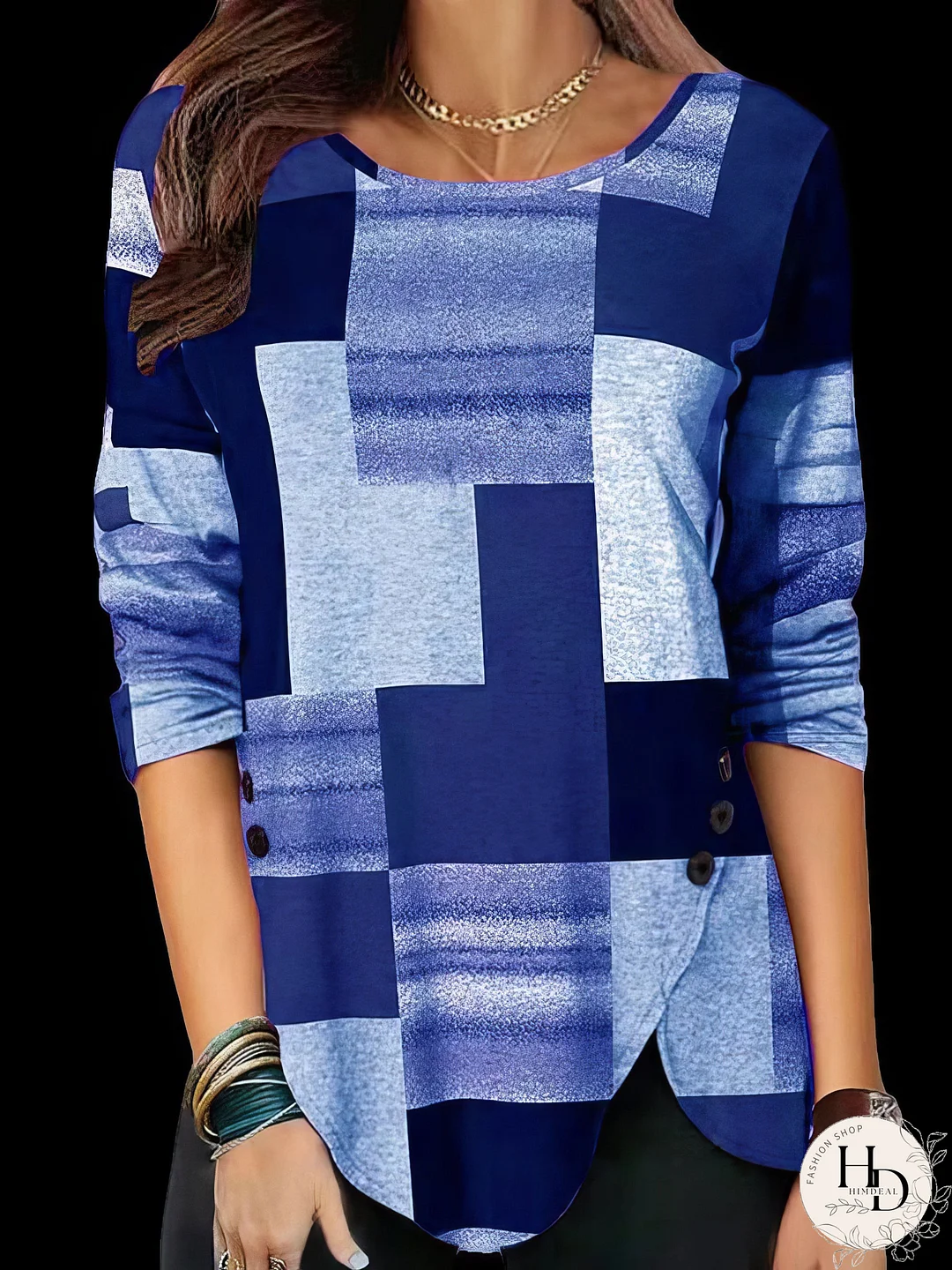 Loose Fit Plaid Round Neck Long Sleeve Tee