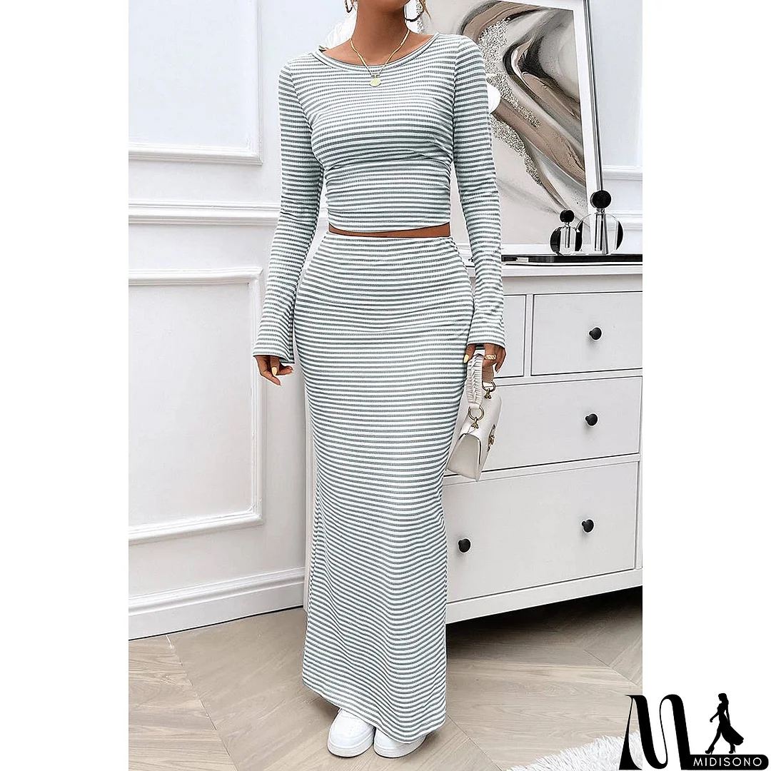MidiSono - Striped Knitted Crop Top Wrap Hip Long Skirt Set