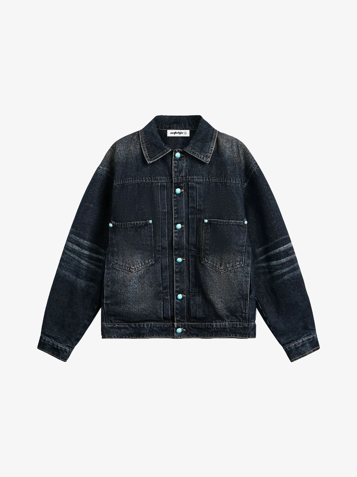 Blue Act Chic Heavy Washed Distressed Boxy Denim Jacket Front