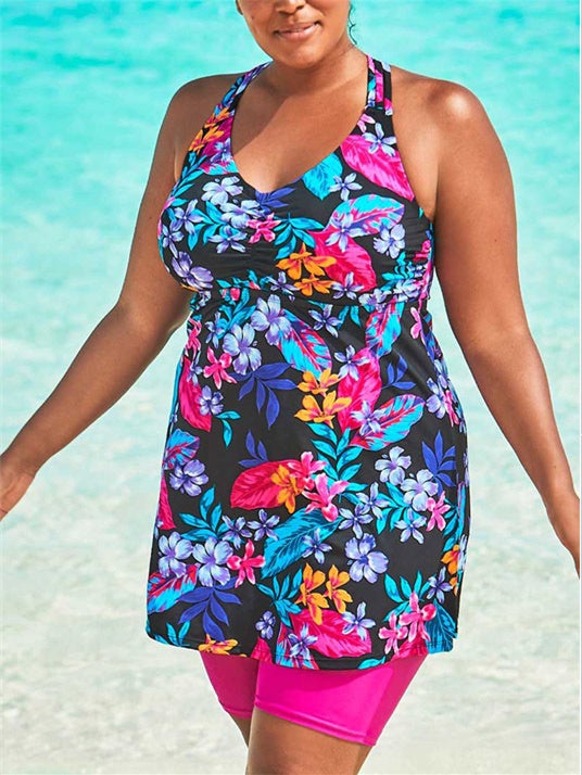 Plus Size Swimwear Sleeveless Floral Printed Tankini