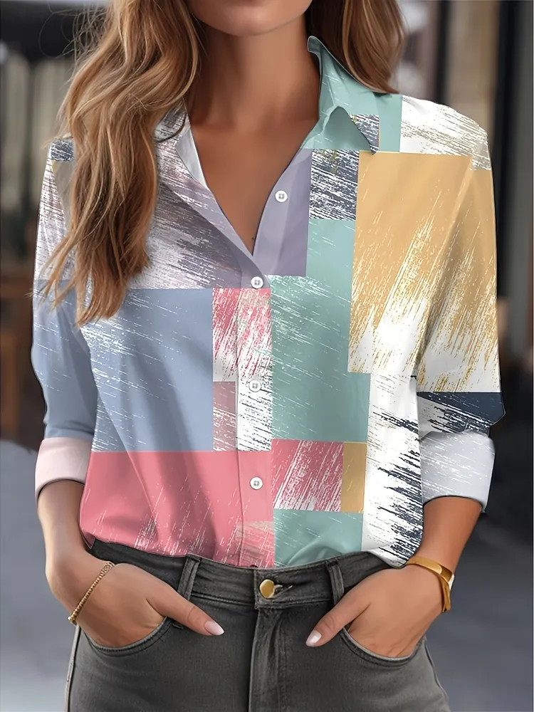 Women's Casual Geometric Color-Blocked Printed Shirt - Short Sleeve Button-Up With Classic Collar, Machine Washable, Spring Summer Commuting & Dating Essential, Trendy Versatile Top, Smooth Texture Fabric, Everyday Top, Stylish Blouse