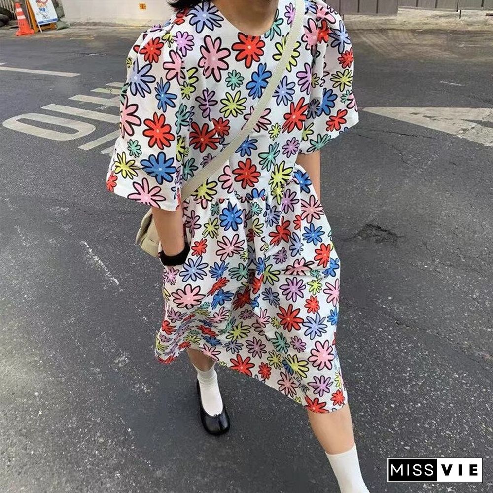 Korean Style Color Round Neck Flower Dress Women