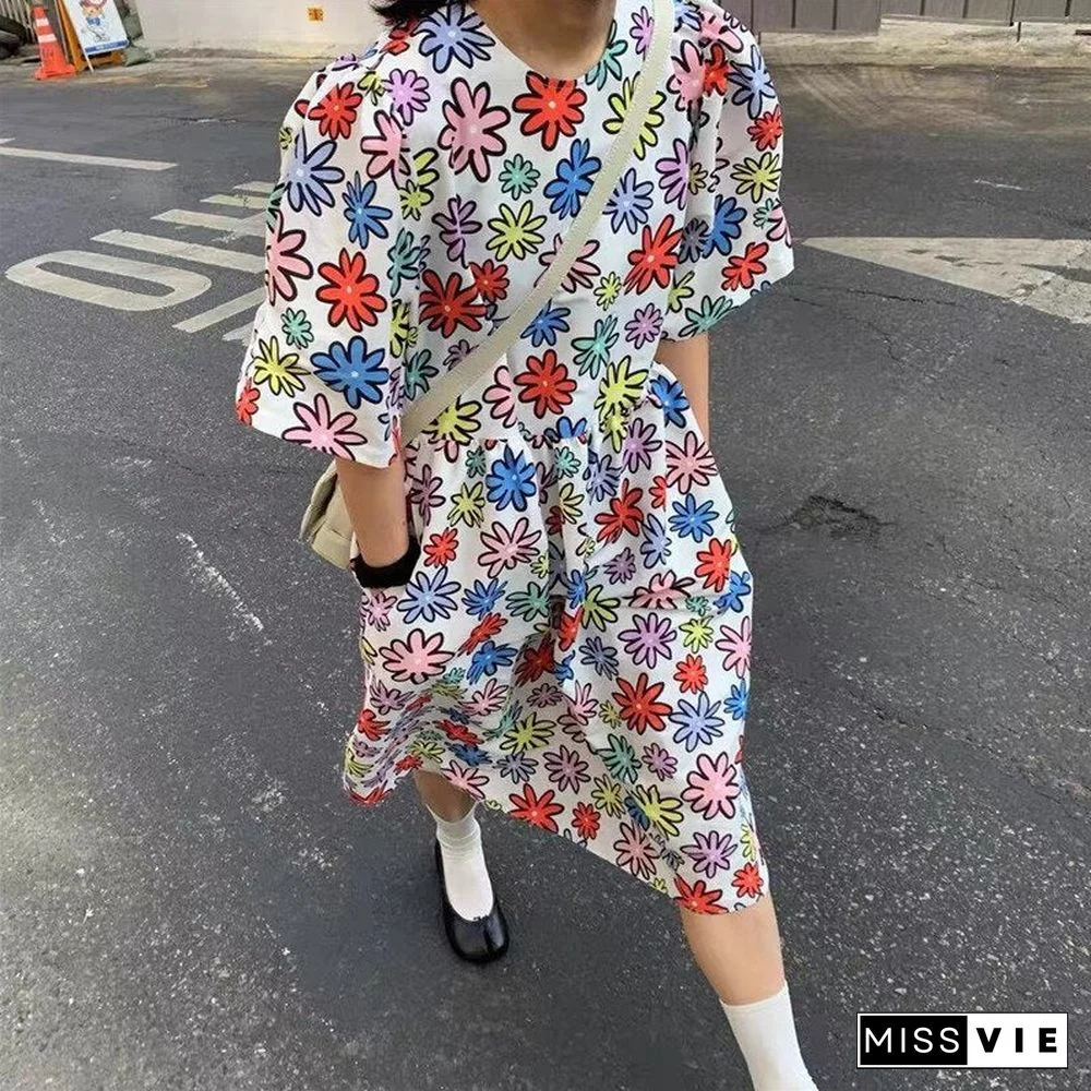Korean Style Color Round Neck Flower Dress Women
