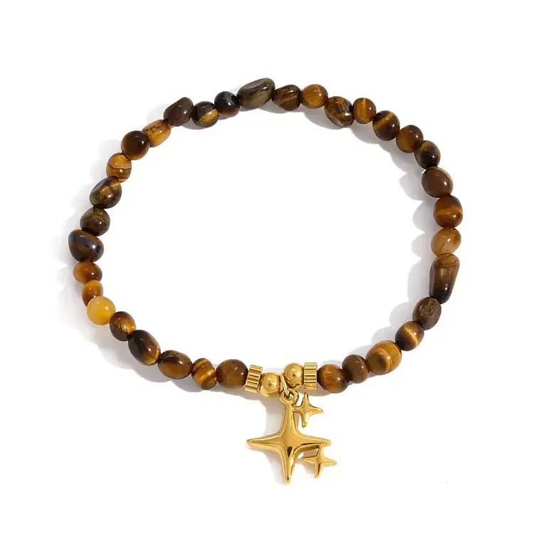 Vintage Tigers Eye Bracelet with Four-Point Star Beaded in 18K Gold Stainless Steel Set