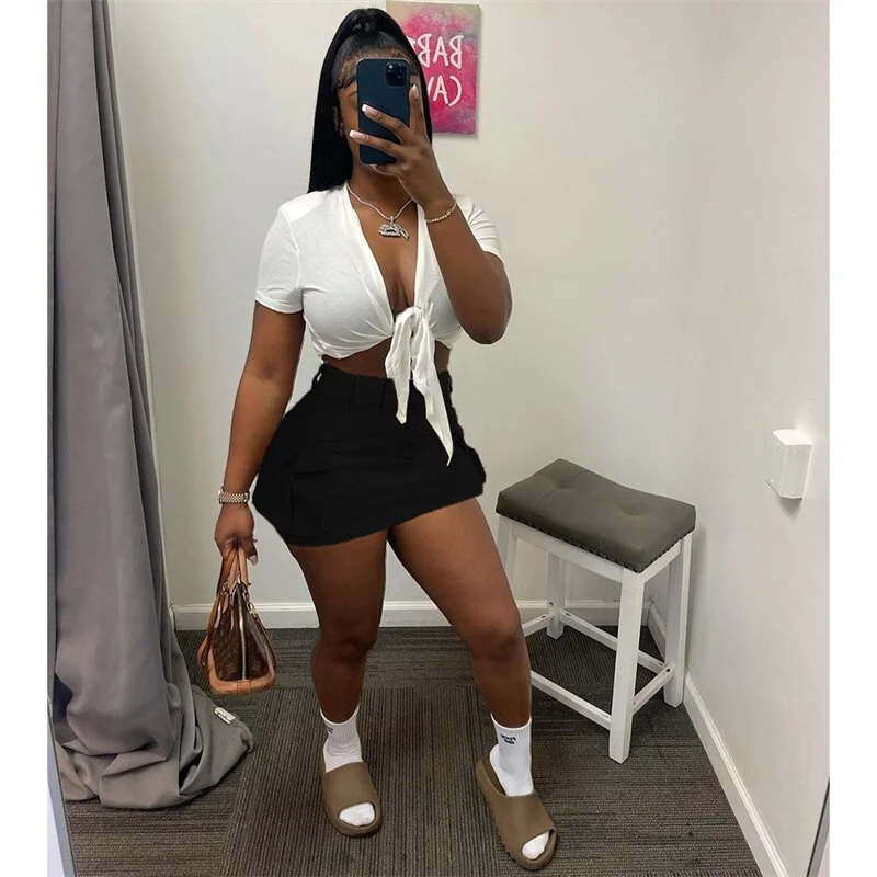 Women Solid Mini Cargo Skirts  High Waist Button Fly Side Pockets Bodycon Casual Skirt Spring Summer Streetwear