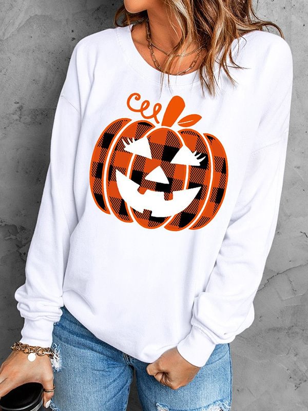 Plaid Pumpkin Print Halloween Sweatshirt