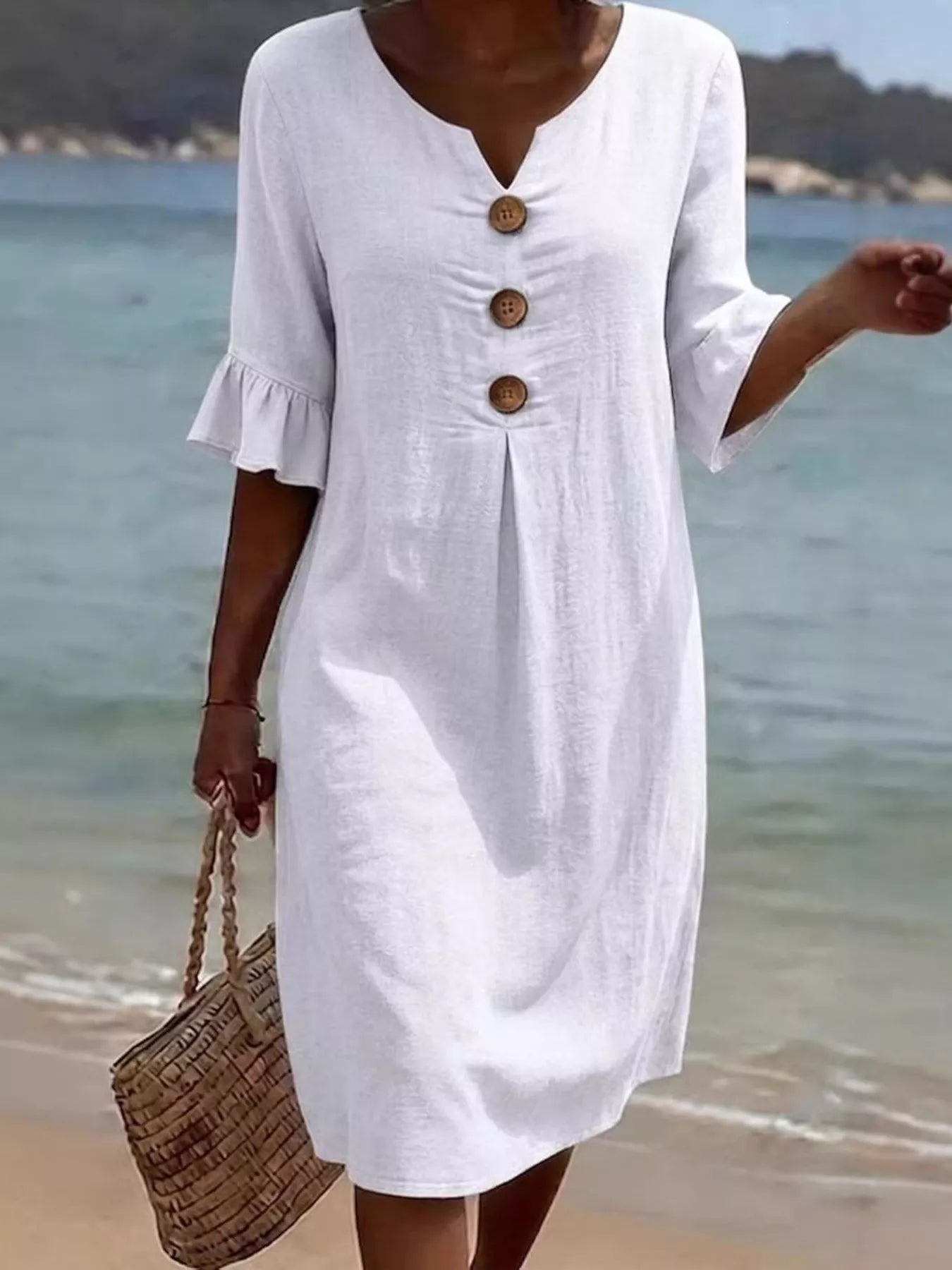 Full Size Button Decor Flounce Sleeve Dress Plus Size mysite idetrend
