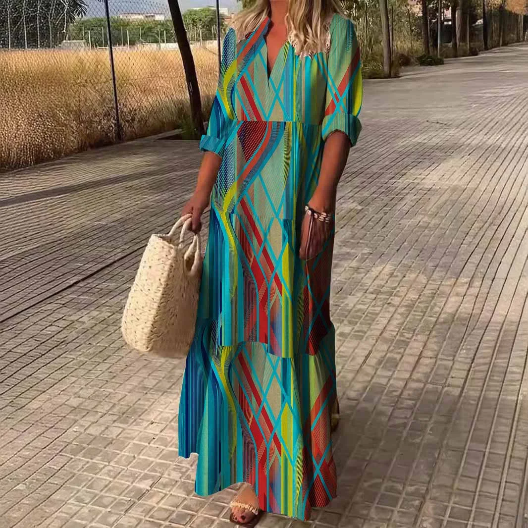 Women Texture, Green, Red DZDN0696 SPU Printed Long Sleeve V-neck Maxi Dress