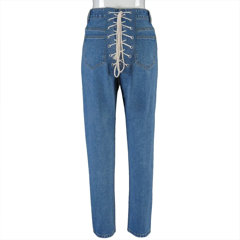 Hugcitar 2020 High Waits Bandage Sexy Jeans Autumn Winter Women Fashion Streetwear Outfits Trousers