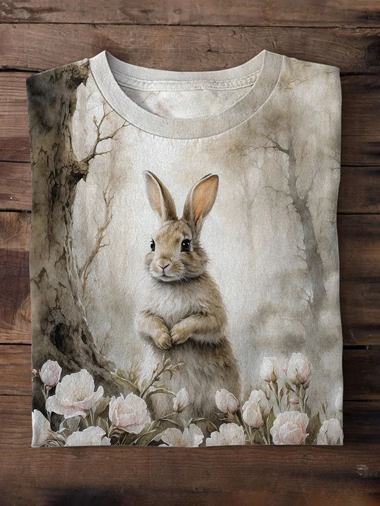 VChics Little Bunny in Spring Forest Printed Short Sleeve T-Shirt