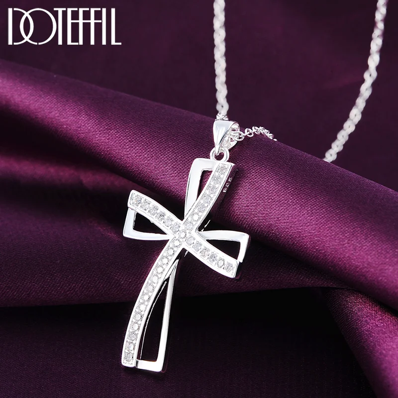 DOTEFFIL 925 Sterling Silver 18 Inches Cross AAA Zircon Pendant Necklace For Women Jewelry