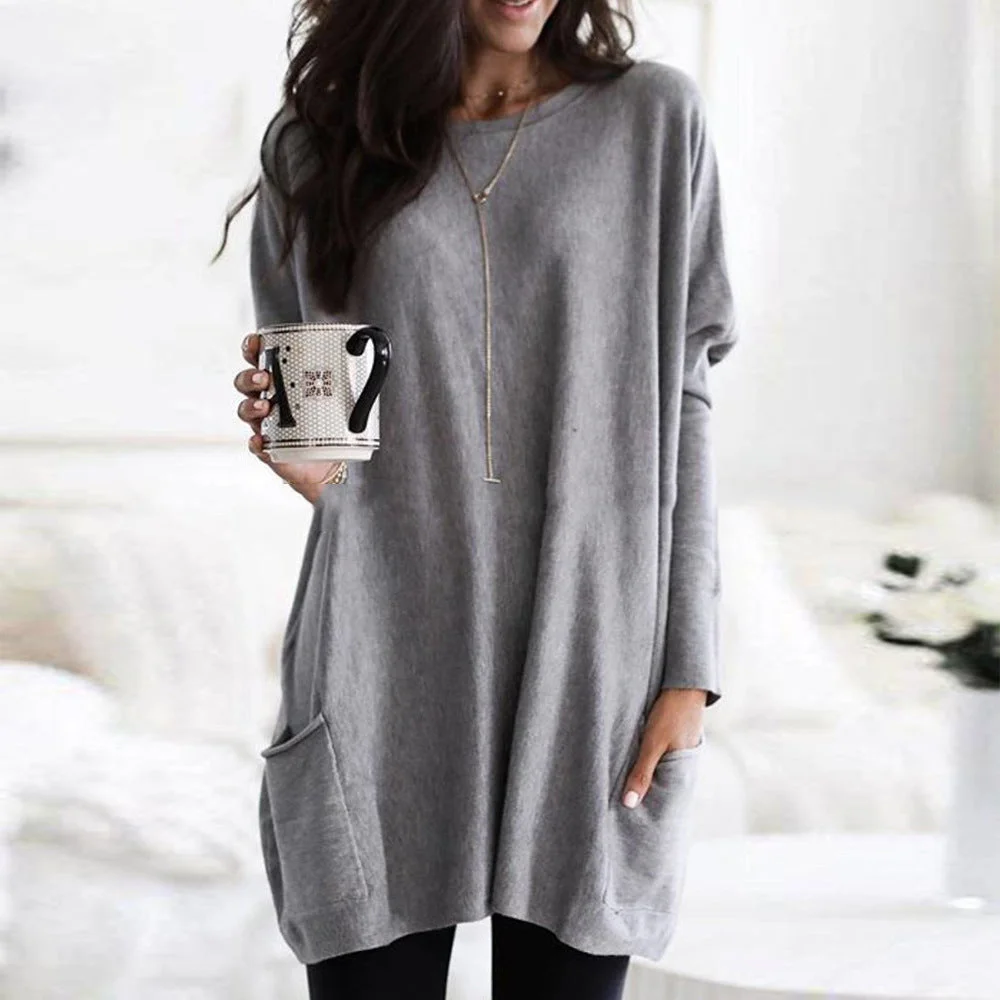 Uveng Autumn Pullover Casual Round Neck Long Sleeve Pocket T-shirt Top