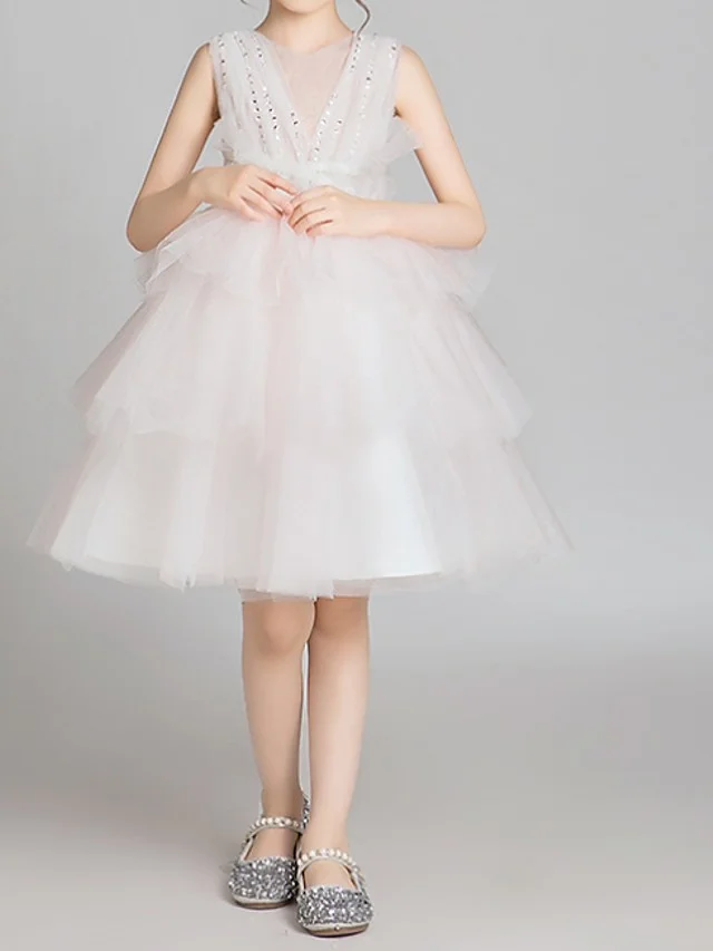 Daisda Princess Sleeveless Jewel Neck Knee Length Pageant Flower Girl Dresses Lace With Bow