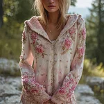 Vintage Boho Pink Roses Embroidered Cozy Knit Hooded Cardigan - Image 2