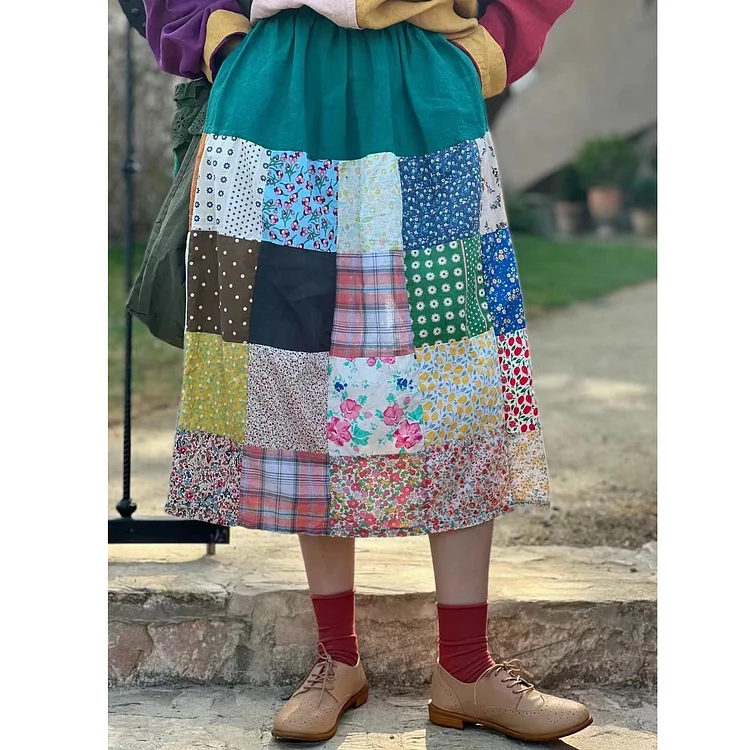 Queenfunky cottagecore style Floral Plaid Patchwork Skirt QueenFunky