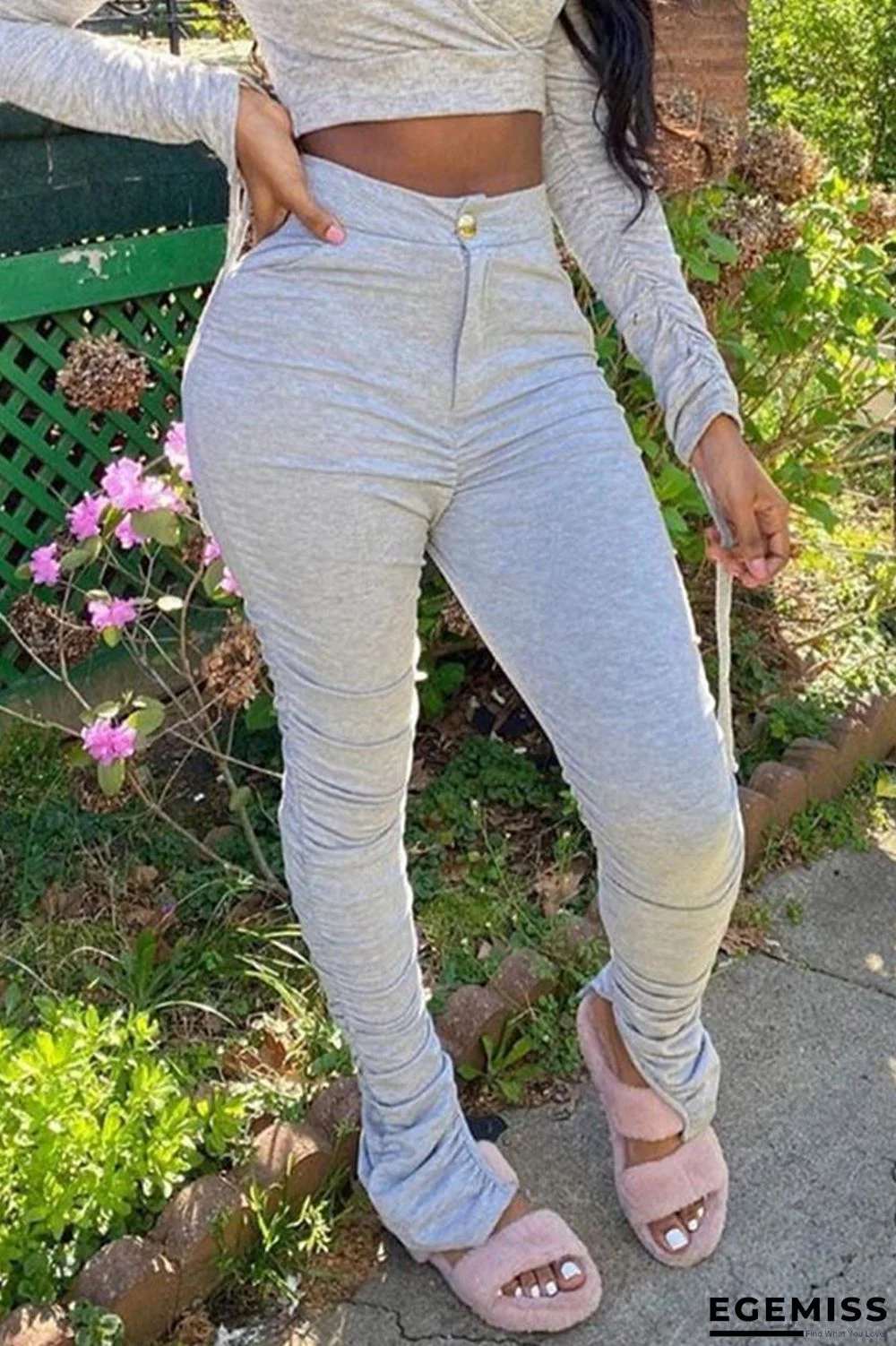 Light Gray Fashion Casual Street Sportswear Solid Pocket Buttons Slit Fold Pants Skinny Bottoms | EGEMISS