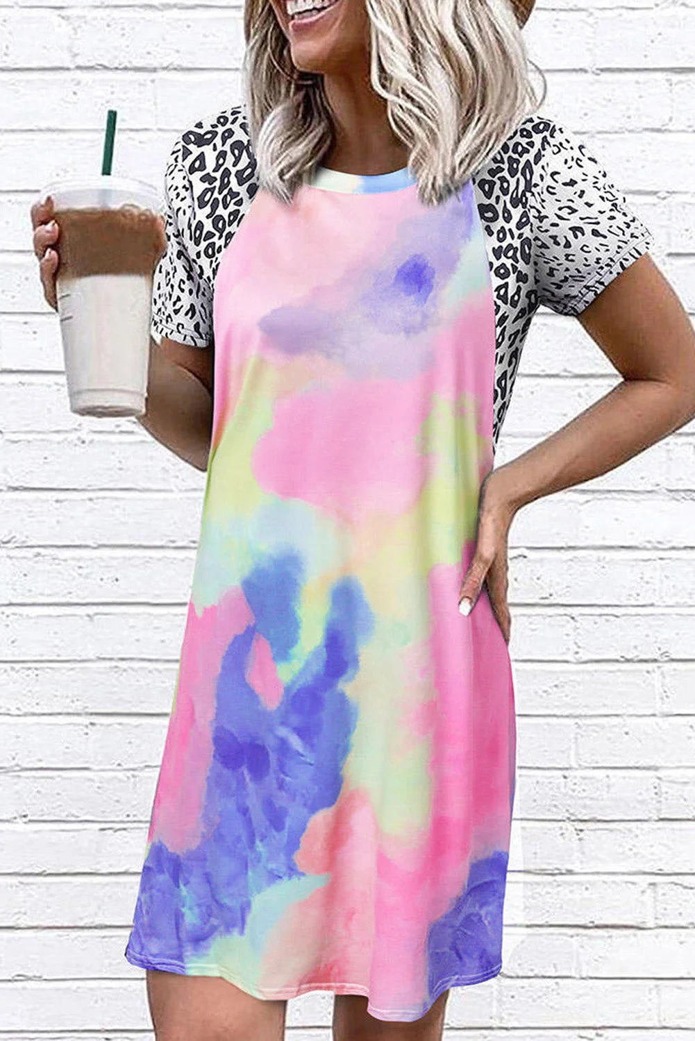Buzzdaisy Tie Dye Leopard Splicing O-Neck Mini Dress