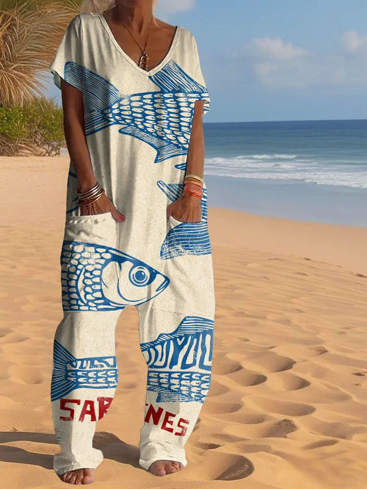 Casual Fish Sardines Art Print V Neck Jumpsuit