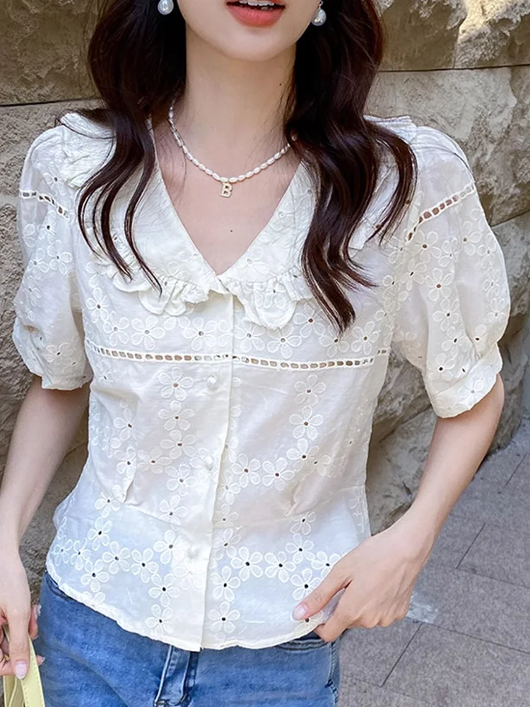 Embroidered Lace Puff Sleeve Top