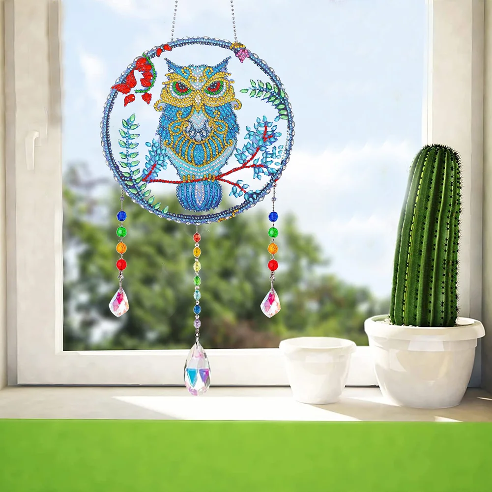 DIY Flower Owl Wind Chimes Wreath Diamond Crystal Painting Ornament for Home Wall Decor