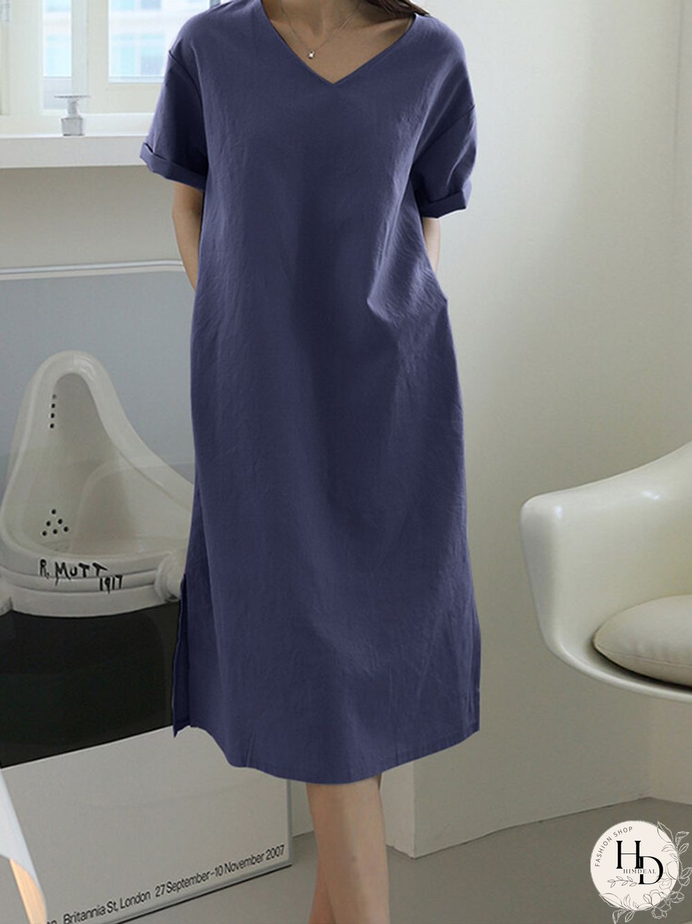 Solid Pocket Slit Hem V-neck Rolled Short Sleeve Dress