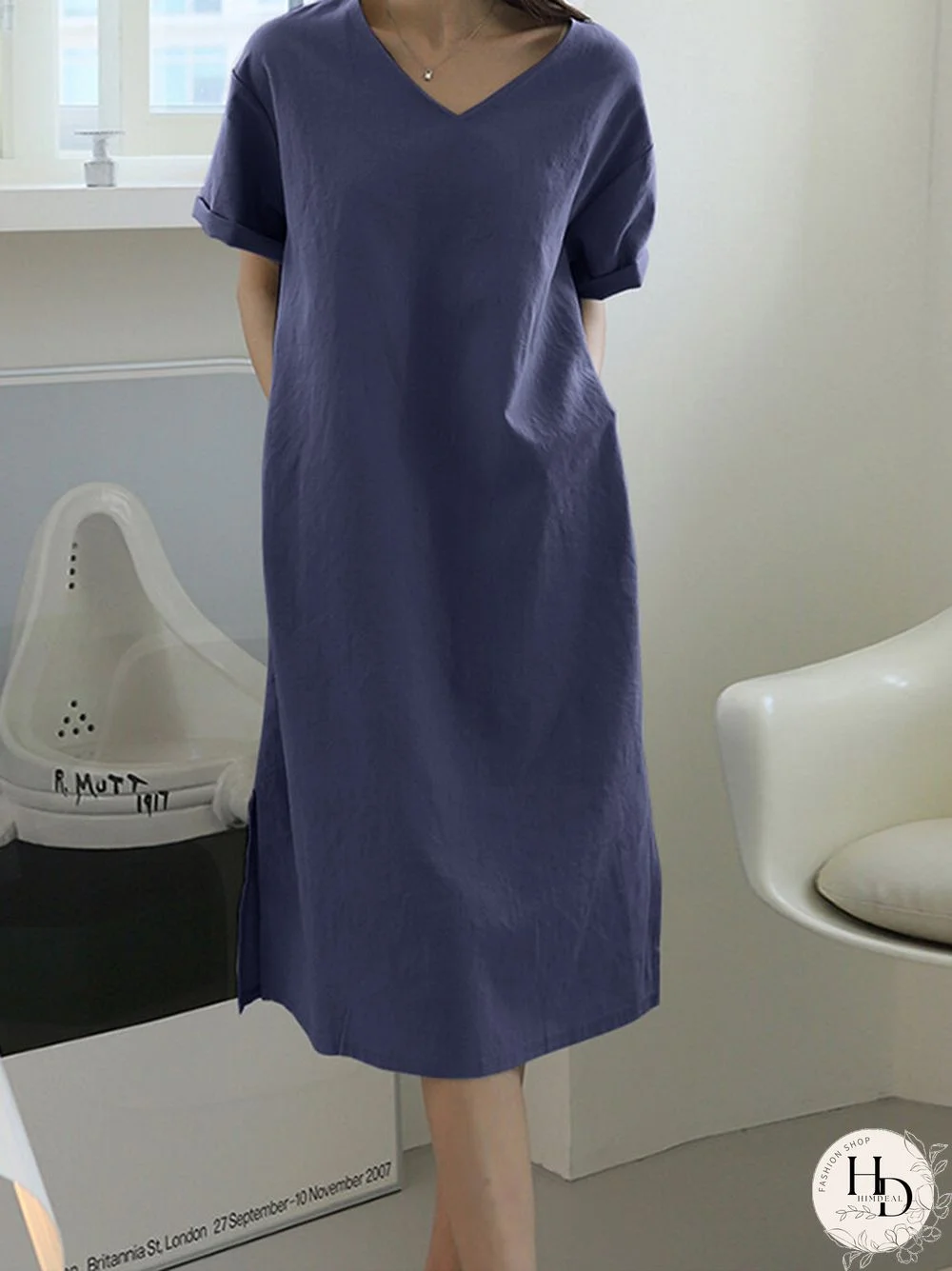 Solid Pocket Slit Hem V-neck Rolled Short Sleeve Dress