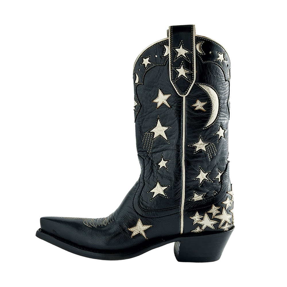 Black Snip Toe Star Inlay Chunky Heel Mid-Calf Cowboy Boots for Women