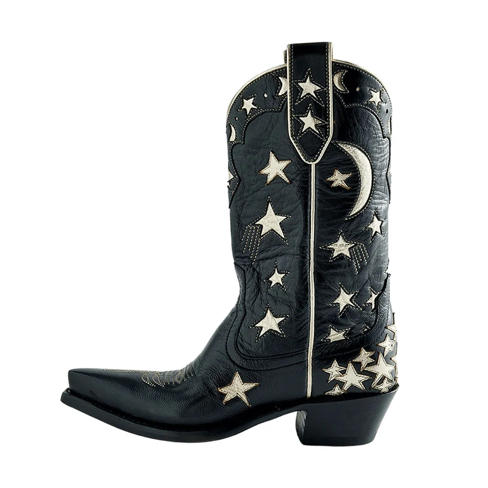 Black Snip Toe White Stars Pattern Chunky Heel Mid-Calf Cowgirl Boots Nicepairs