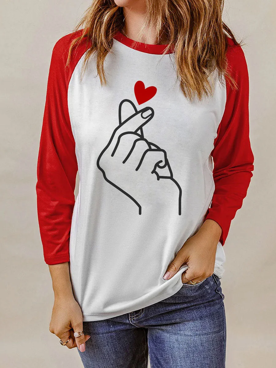 Love Heart Valentine's Day Color Block Long Sleeve T-shirt