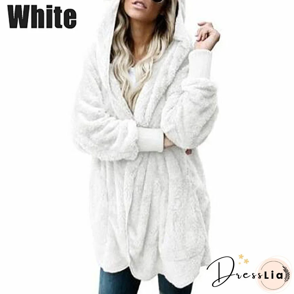 New Women’s Fashion Winter Warm Outwear Solid Color Long Sleeve Sweaters Hoodies Coats Loose Plush Cardigan Coat