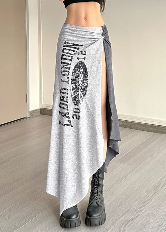 Casual Grey Asymmetrical Graphic Wrinkled Tassel Maxi Skirts Summer