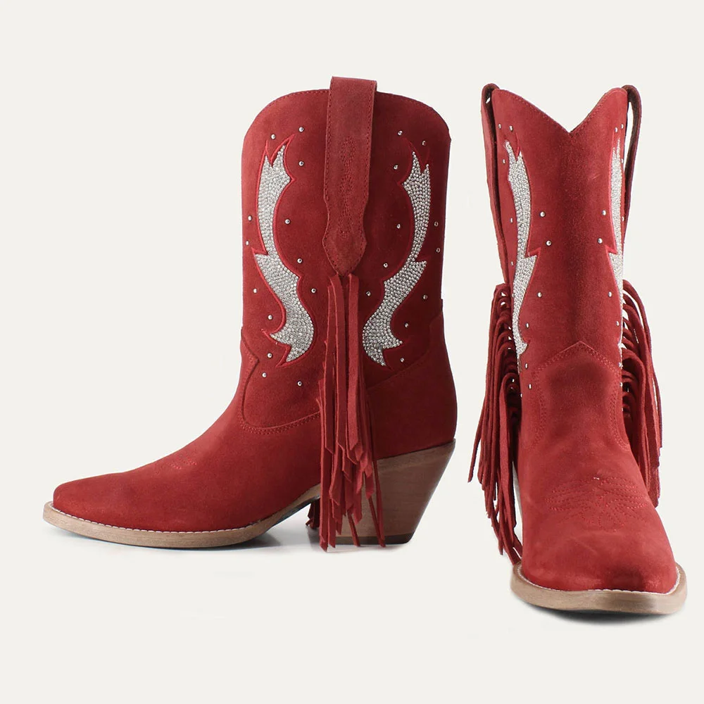 Red Vegan Suede Studded Snip Toe Rhinestone Wide Calf Cowgirl Boots