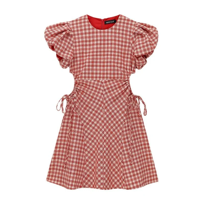 Women&#39;s Red Plaid Dress Round Neck Hollow Out Dew Waist Puff Short Sleeve Casual Vintage High Waist Short Skirt Ladies Summer