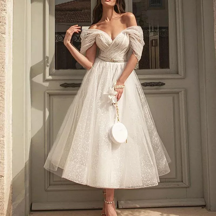 Promsstyle Low cut off shoulder high waist elegant tulle princess dress Prom Dress 2023