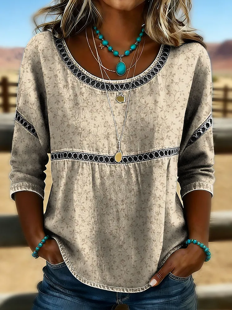 Women's Vintage Floral Print Casual 3/4 Sleeves Hollow Lace Denim Shirt