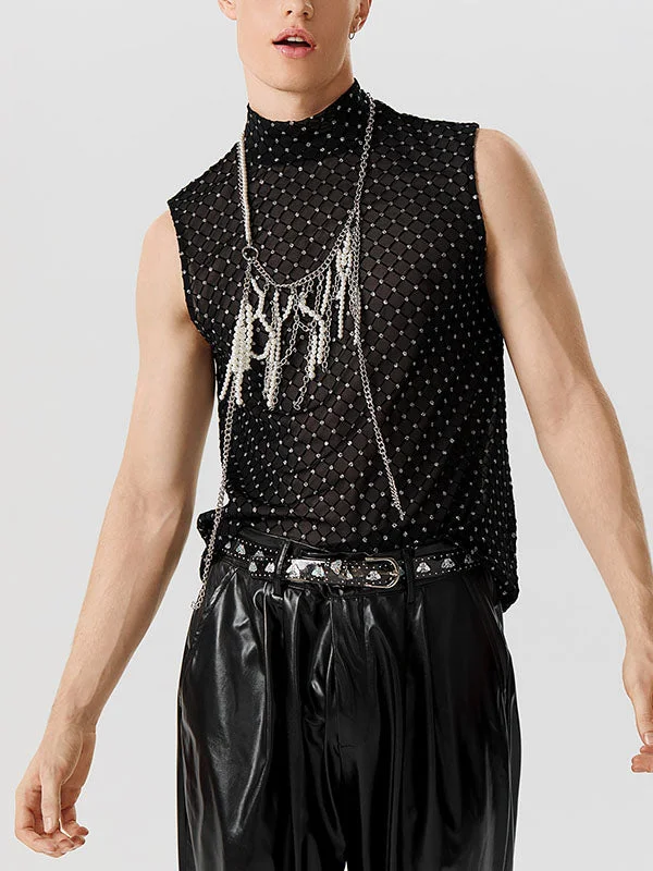 Aonga - Mens Glitter Mesh Half-Collar Sleeveless Vest