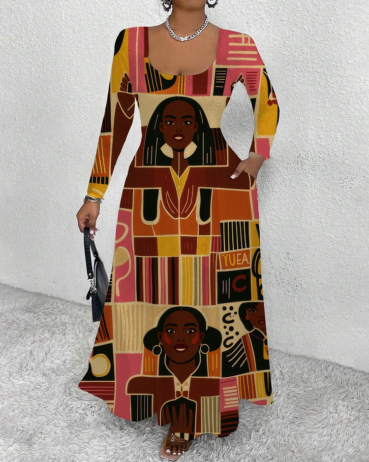 Brown Girl Stripes Round Neck Long Sleeve Maxi Dress