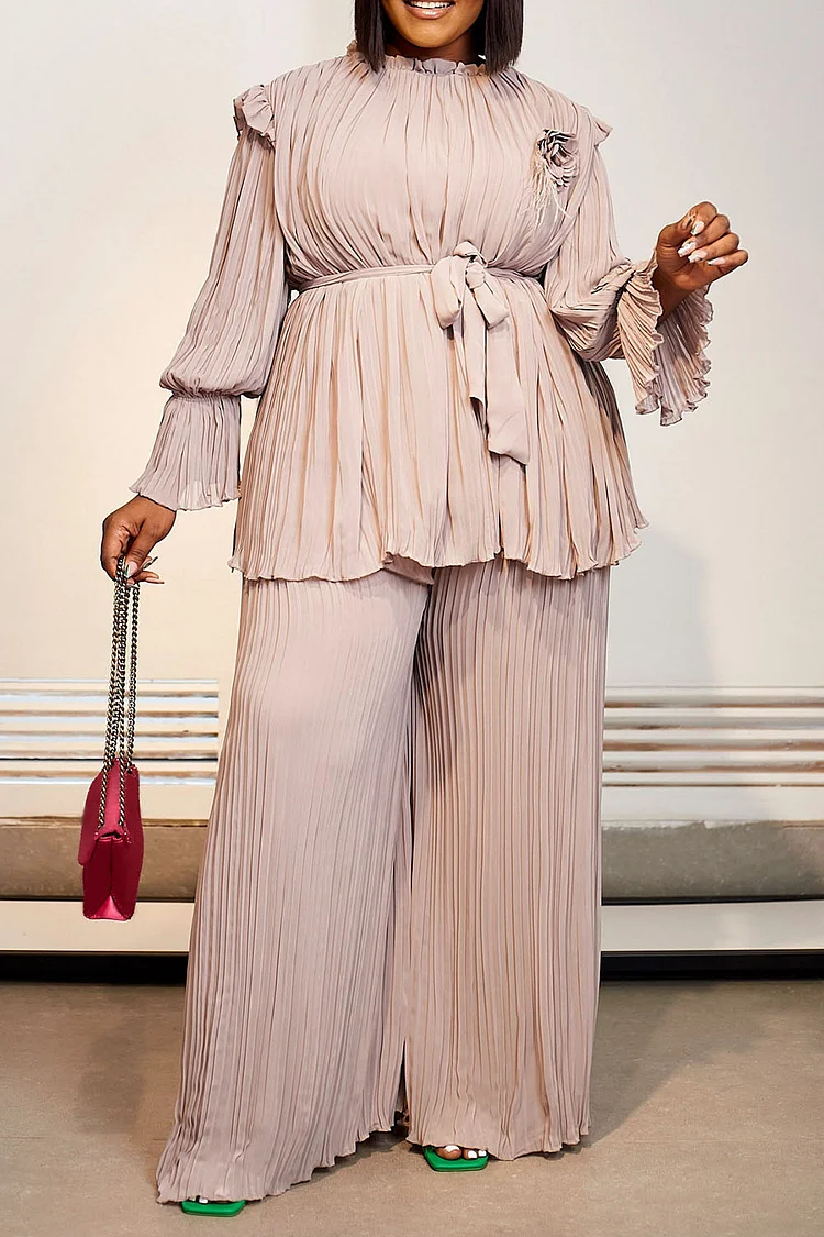 Plus Size Casual Pant Set Apricot Pleated Long Sleeves Wrap Wide Leg Two Piece Pant Set 